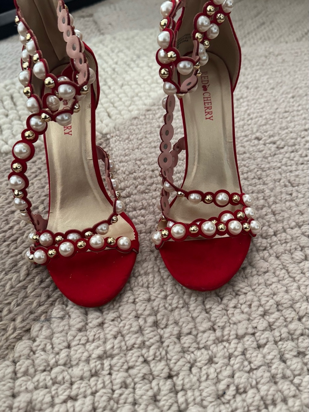 Red Pearl Embellished Women’s Strap Heels
